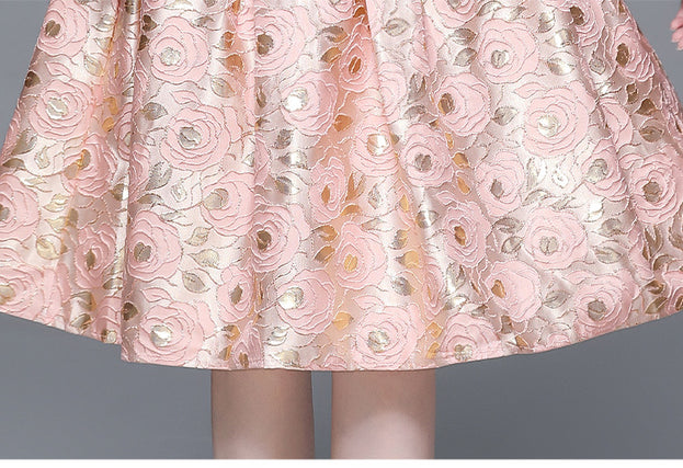 Elegant Pink Long-Sleeved Heavy Embroidery Dress