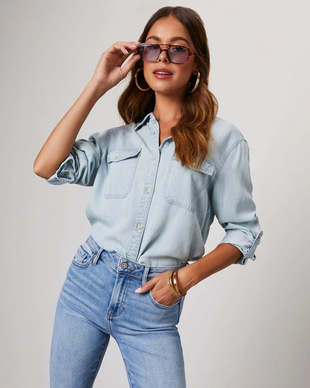 Fashion Casual Versatile Loose Polo-Neck Long Sleeve Denim Blouse for Women