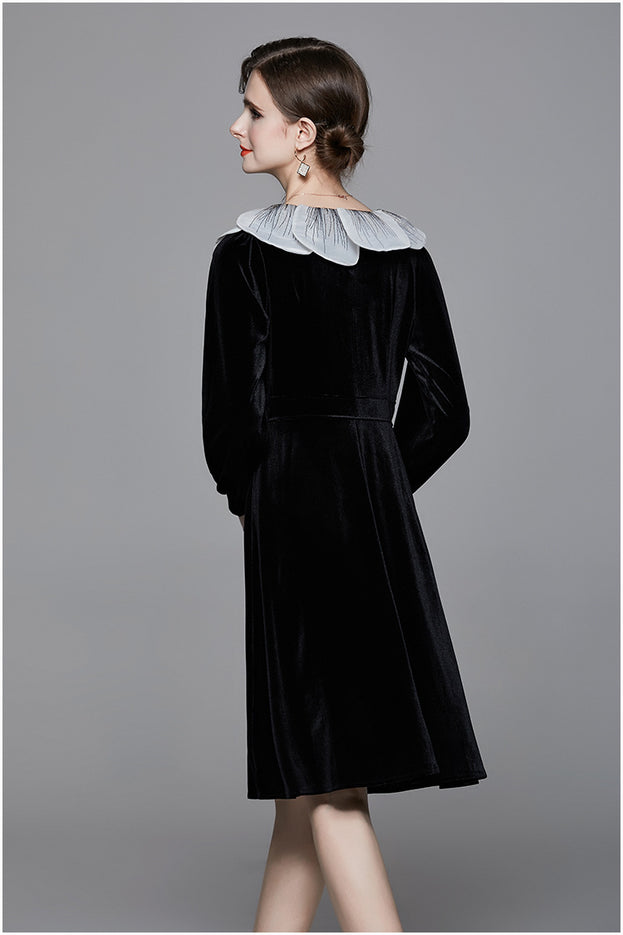 Temperament Lotus Leaf Collar Dress Long Sleeve High Waist Slim Mid-Length A-Line Skirt