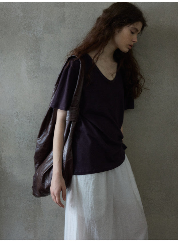 Summer Textured Linen Cotton U-shaped Neck Solid Color Women's T-shirt