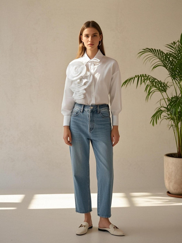 Spring and Autumn Fashionable Lapel Pleated Floral Long-Sleeved Blouse for Women