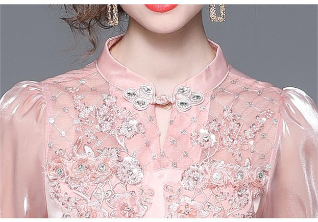 Elegant Pink Long-Sleeved Heavy Embroidery Dress