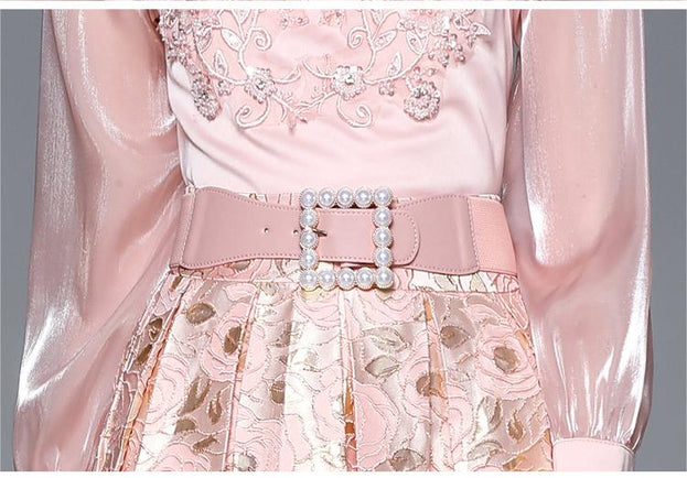Elegant Pink Long-Sleeved Heavy Embroidery Dress