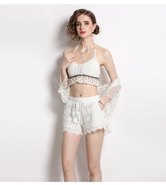 Resort Wind Hollowed Out Sun Protection Cardigan and Hand Hook Wipe Chest and Hand Hook Lace High Waist Shorts Suit