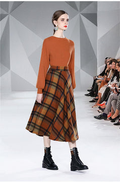 Pullover Long-Sleeved Sweater and Wool Plaid Skirt Set