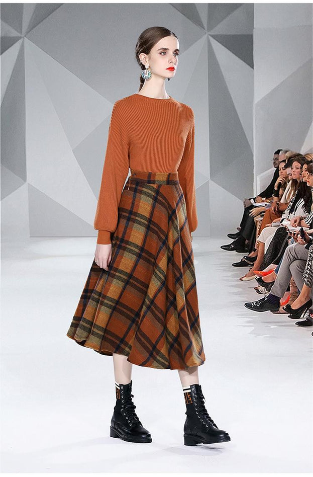Pullover Long-Sleeved Sweater and Wool Plaid Skirt Set