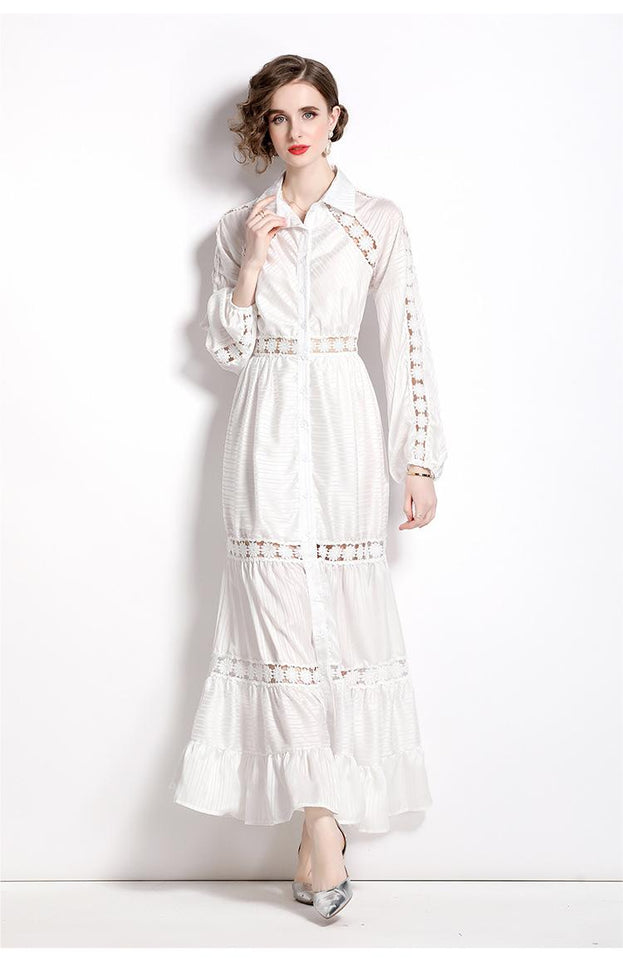 Girl Style Lapel Lantern Sleeve Single-Breasted Water-Soluble Lace Splicing Striped Long Dress