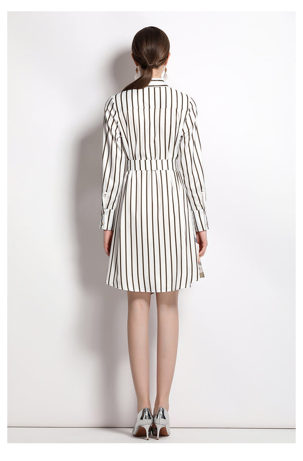 Striped Shirt Skirt Lapel Long Sleeve Tucked Waist A-Line Irregular Dress