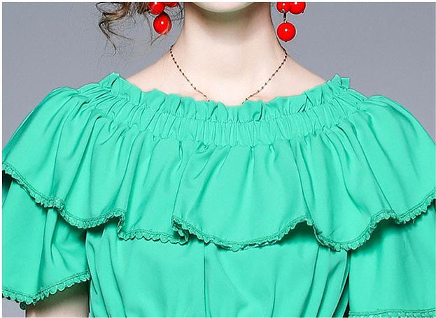 One Line Shoulder Wipe Chest Top and A Line Half Skirt Net Red Two-Piece Set