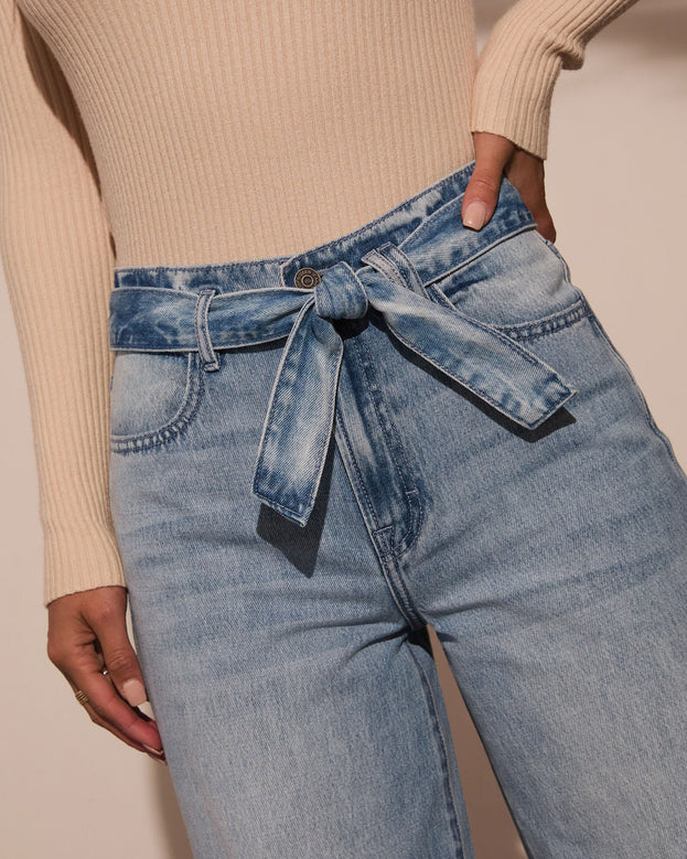 Summer Fashion High-Waisted and Wide-Leg Drawstring-Tie Washed Denim Pant for Women