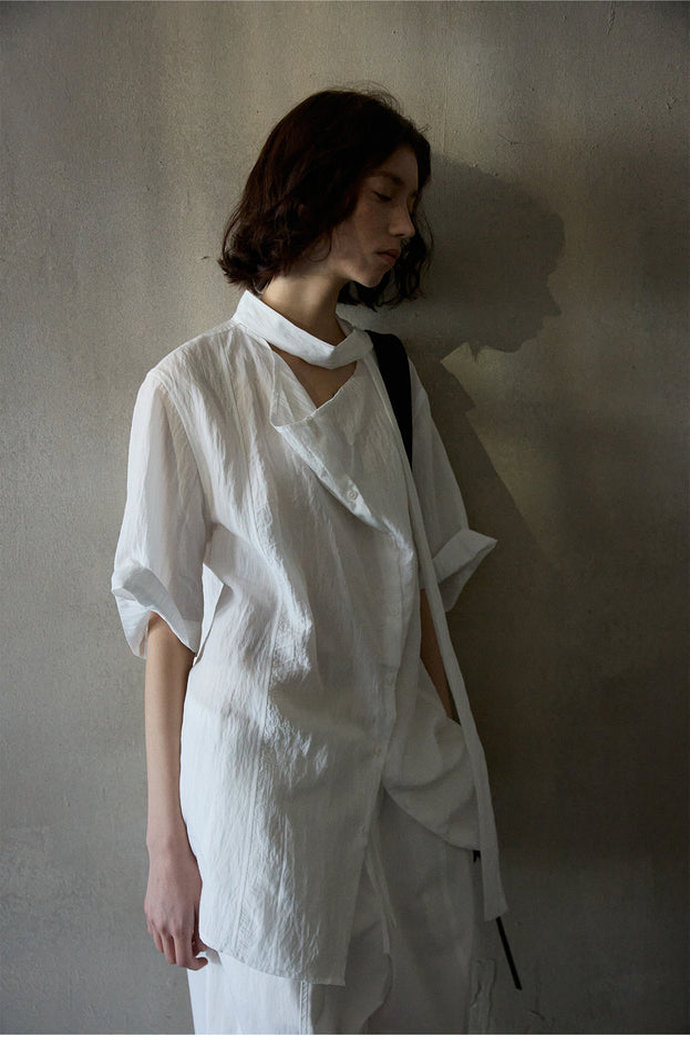 Tencel Ribbon Swing Collar Short-Sleeved Shirt, Soft Women's Blouse