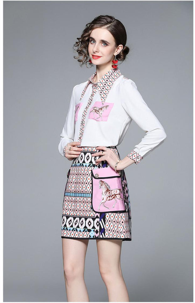 New Women's Retro Printed Long-Sleeved Top Shirt and Short Skirt Two-Piece Suit