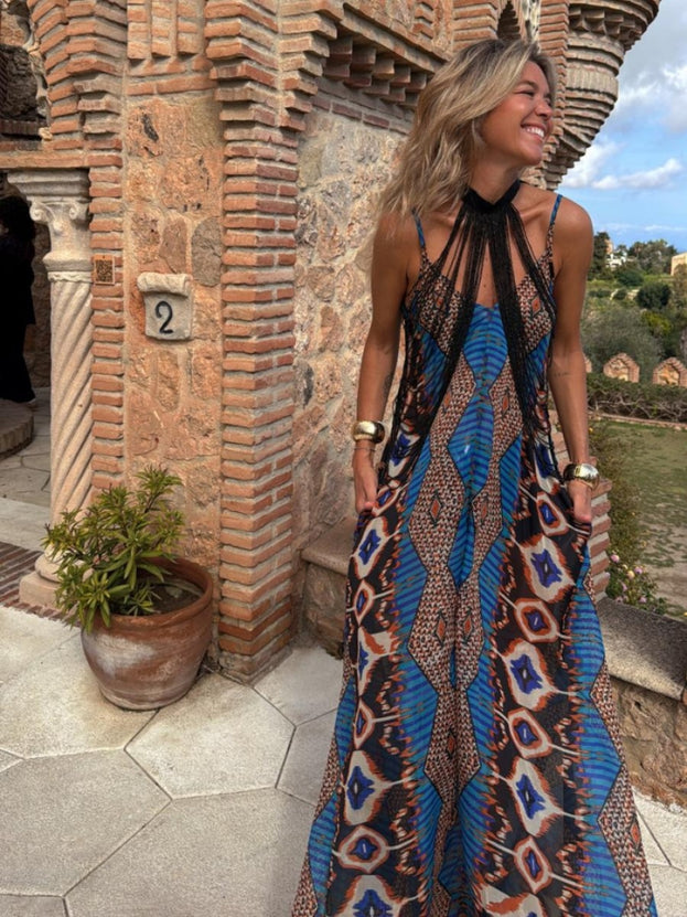 Summer Casual Printed Loose Long Holiday-Style Slip Dress for Women