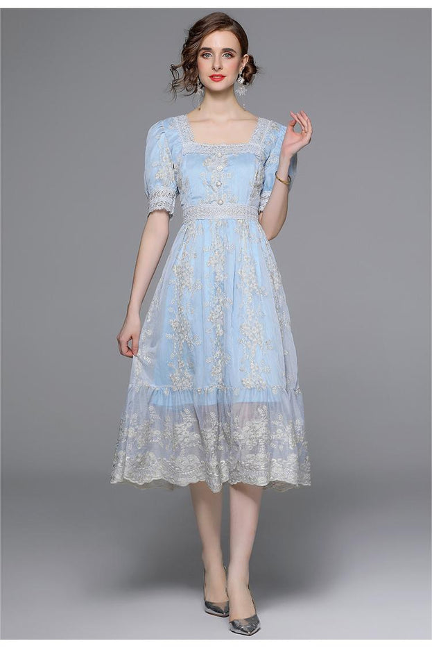 Vintage Embroidered Dress Square Neck Short Sleeve Slim MIDI Waist Tucked in