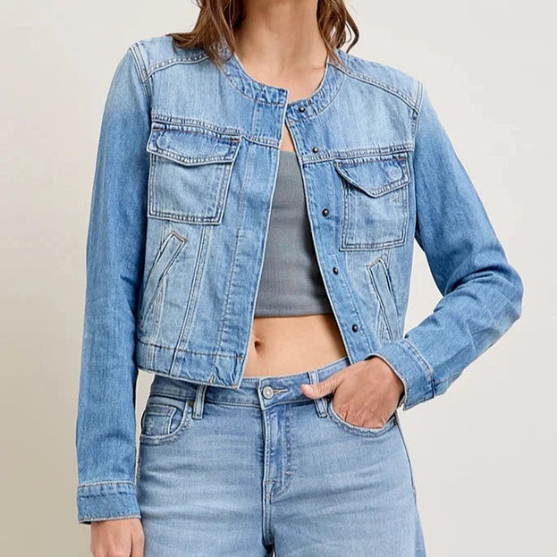 Spring Fashion Versatile Casual Daily Round-Neck Short Denim Jacket for Women