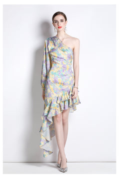 Fashion Printed Dress Satin Diagonal Shoulder Lotus Leaf Irregular Resort Long Skirt