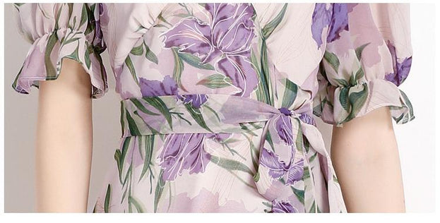 Printed Chiffon Fold Waist Slimming Lantern Sleeve Dress Long Skirt