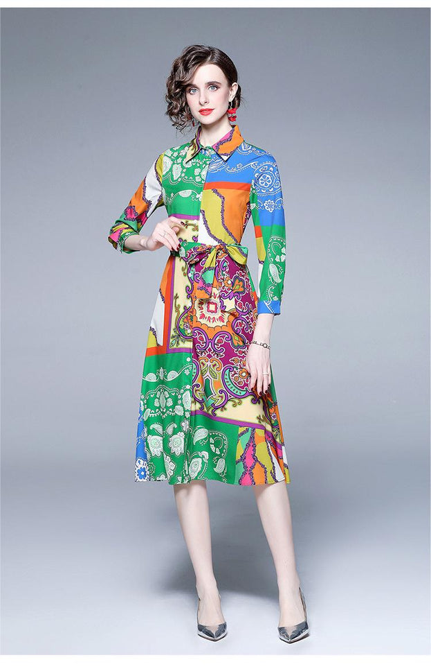 Fashion Temperament Dress Long-Sleeved Vintage Print Belt Tucked Mid-Length Skirt