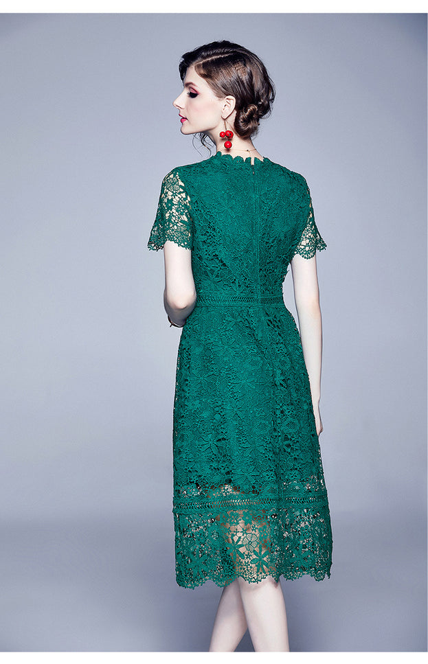 Water-Soluble Lace  Stitching Temperament Hook Flower Hollowed Out Short-Sleeved Dress