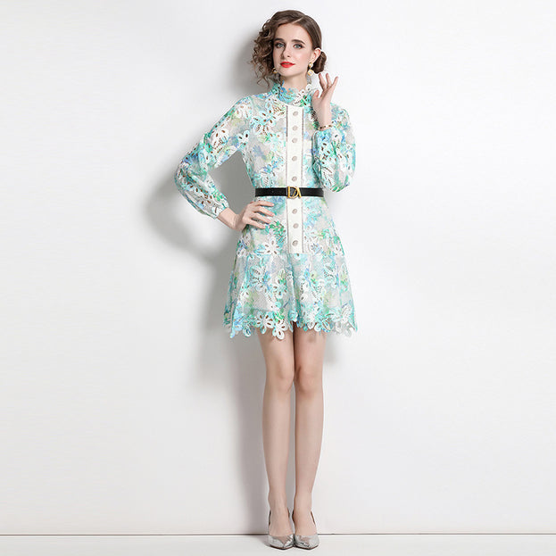 Sweet Print Water-Soluble Hook Flower Hollowed Out Bubble Long-Sleeved Skirt Dress Peplum