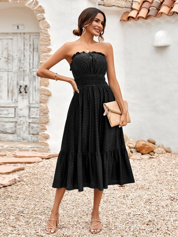 Summer Sweet Casual Waisted Pleated A-Line Strapless Dress for Women