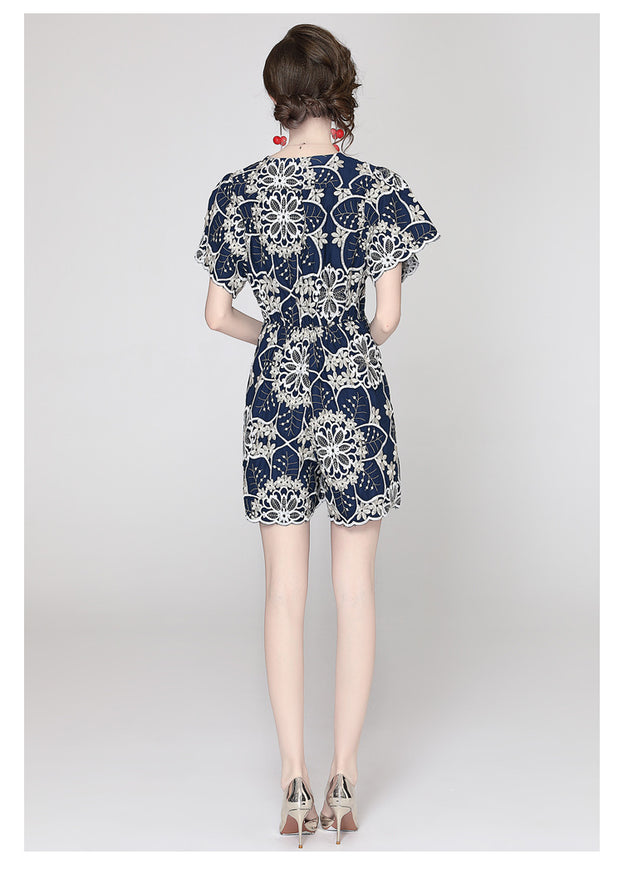 Temperament Elegant V-Neck Short Sleeve Embroidered Wide Leg Shorts Fashion Casual Jumpsuit