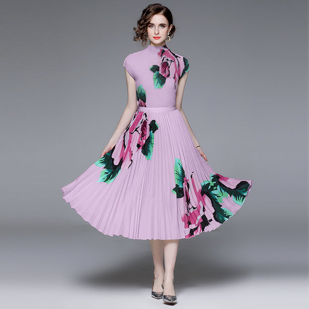 Vintage Print Pleated Short Sleeve Top and Pleated Skirt Fashion Two-Piece Suit