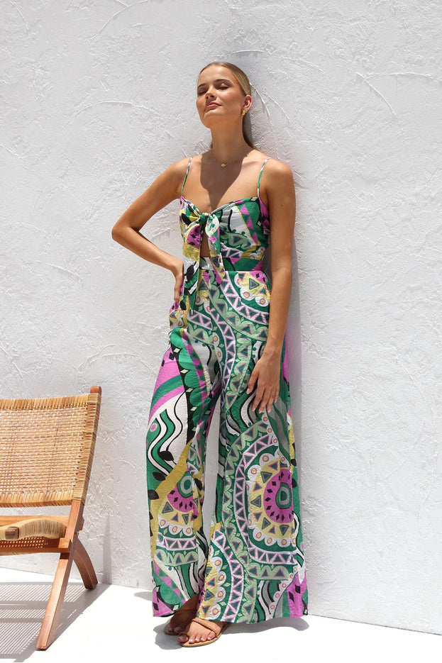 Summer Printed Cutout Waisted Smocked Wide-Leg Jumpsuit for Women