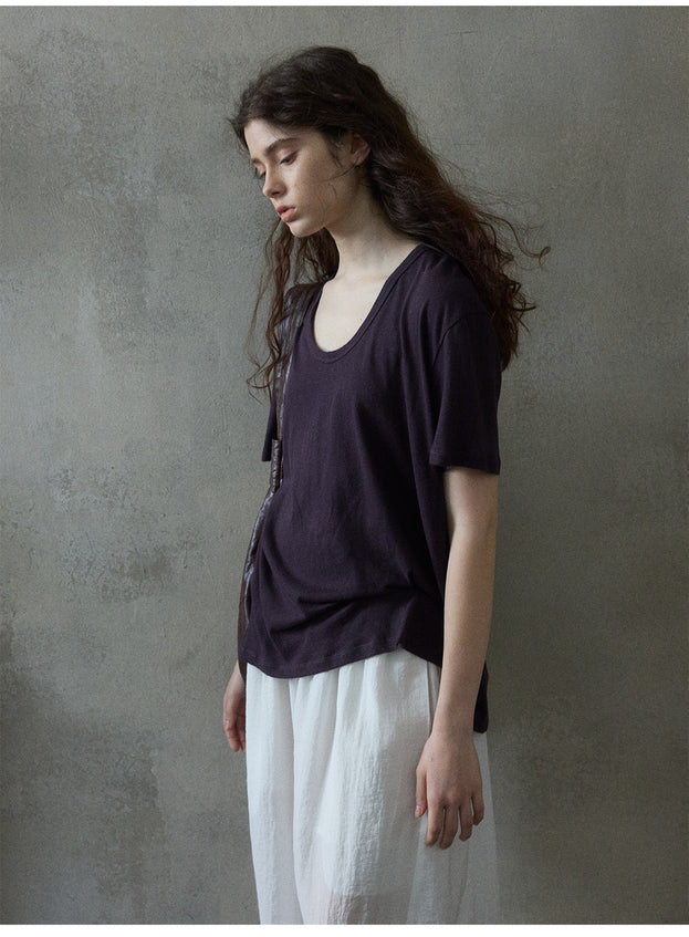 Summer Textured Linen Cotton U-shaped Neck Solid Color Women's T-shirt