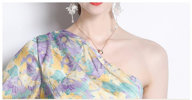 Fashion Printed Dress Satin Diagonal Shoulder Lotus Leaf Irregular Resort Long Skirt