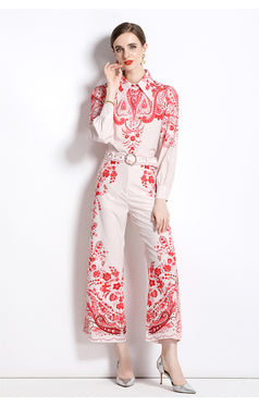 Women's Printed Temperament Two-Piece Suit Long-Sleeved Shirt and High-Waisted Flared Trousers