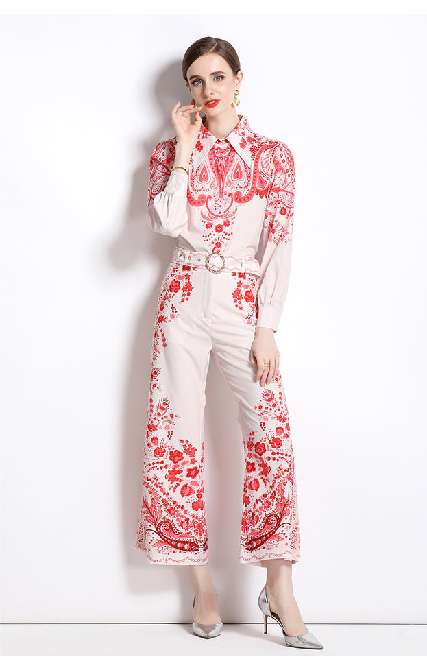 Women's Printed Temperament Two-Piece Suit Long-Sleeved Shirt and High-Waisted Flared Trousers