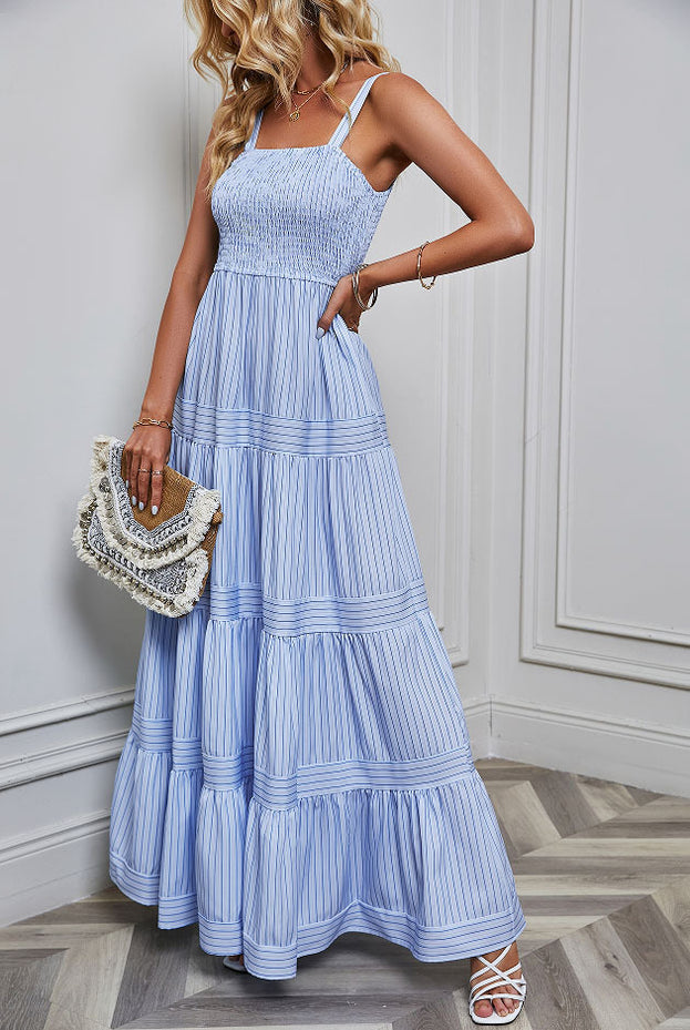 Summer Fashion Casual Striped Waisted Holiday-Style Slip Dress for Women