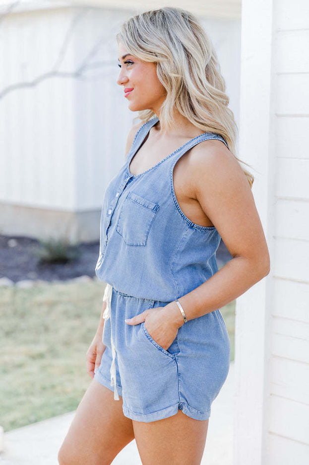 Summer Fashion Waisted U-Neck with Pockets Short Slip Jumpsuit for Women
