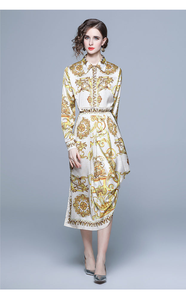 Vintage Printed Shirt Long-Sleeved Top and Pleated Skirt Two-Piece Suit