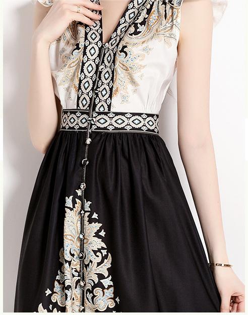 Fashion Vintage Printed V-Neck Sleeveless Dress Slimming A-Line Maxi Skirt