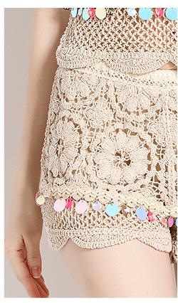 Hook Flower Suit Women's Short Style Sleeveless Vest and High Waist Shorts Two-Piece Set