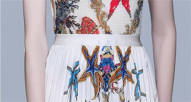 Vintage Print Pleated Short Sleeve Top and Pleated Skirt Fashion Two-Piece Suit