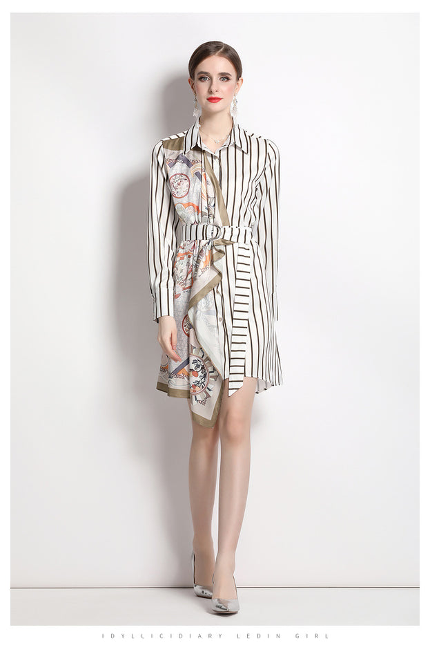 Striped Shirt Skirt Lapel Long Sleeve Tucked Waist A-Line Irregular Dress