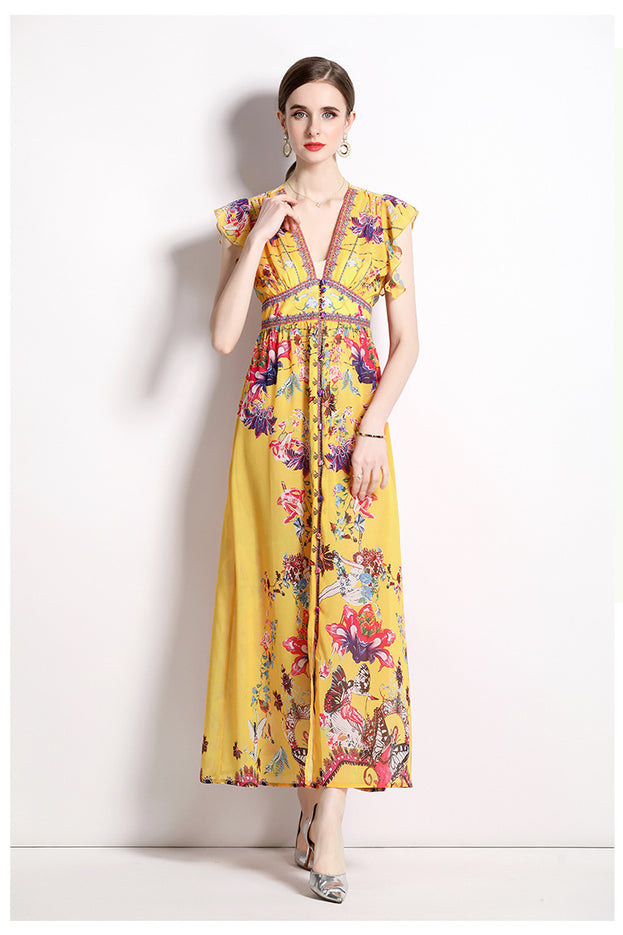 Resort Style Printed Chiffon Small Flying Sleeve V-Neck Dress Slim Long Skirt