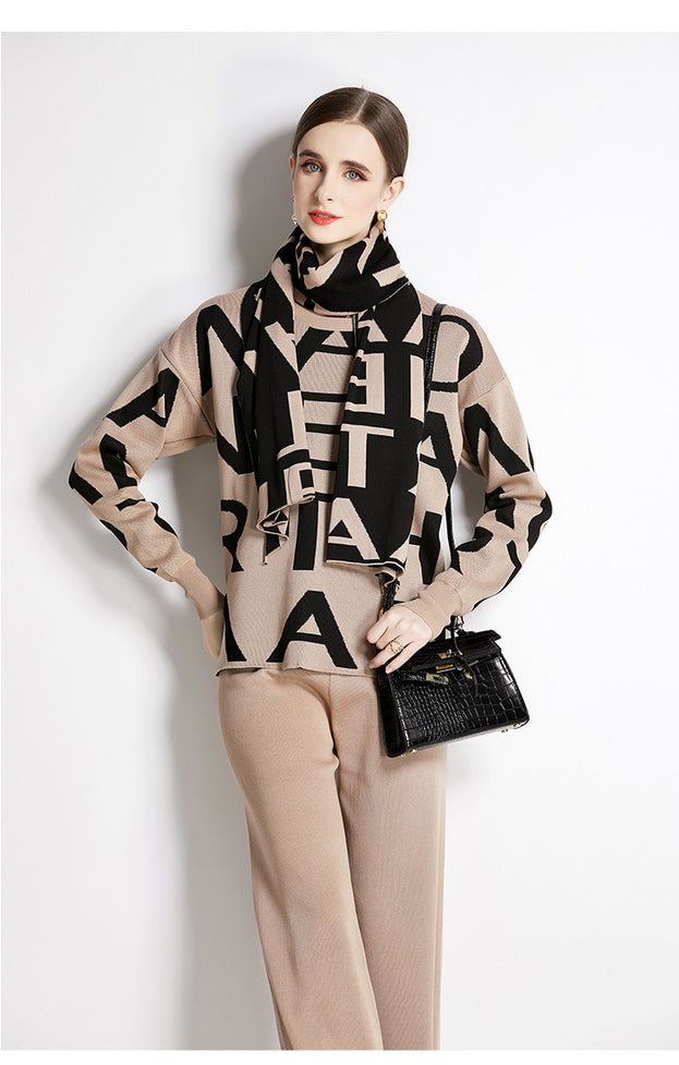 Monogram Sweater Top and Solid Pant Two-Piece Set