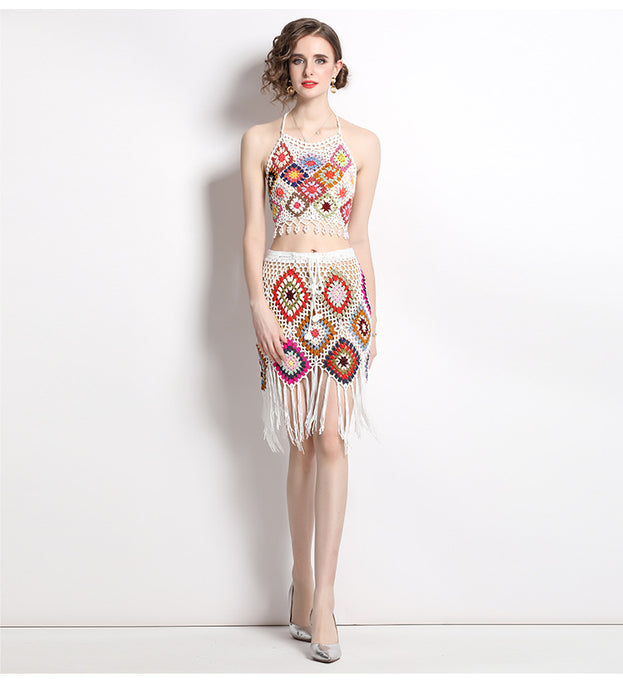 Fashion Suit Female Hook Flower Knitted Bump Color Suspender Vest Two-Piece Set and High Waist Tassel Skirt