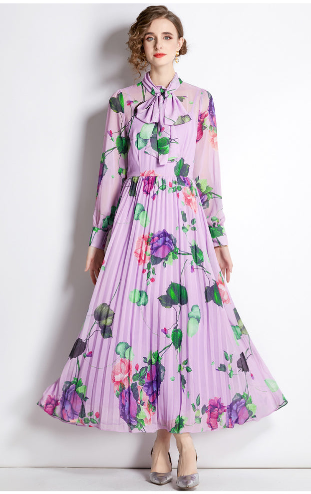 Vintage Floral Long-Sleeved Long Skirt Pleated Skirt Slim Dress