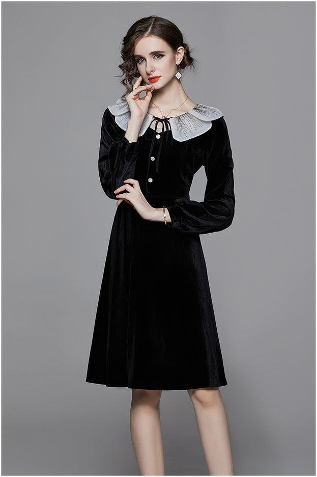 Temperament Lotus Leaf Collar Dress Long Sleeve High Waist Slim Mid-Length A-Line Skirt