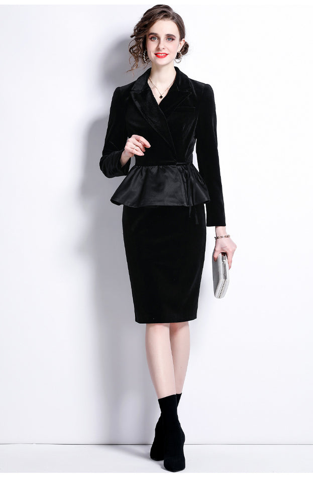 Temperament Retro Show Slim High Waist Velvet Long Sleeve Top and Package Hip Skirt Suit
