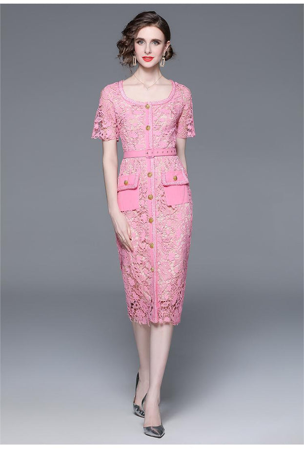 Single Breasted Water Soluble Lace-Up Fanny Pack Hip Mid-Length Dress