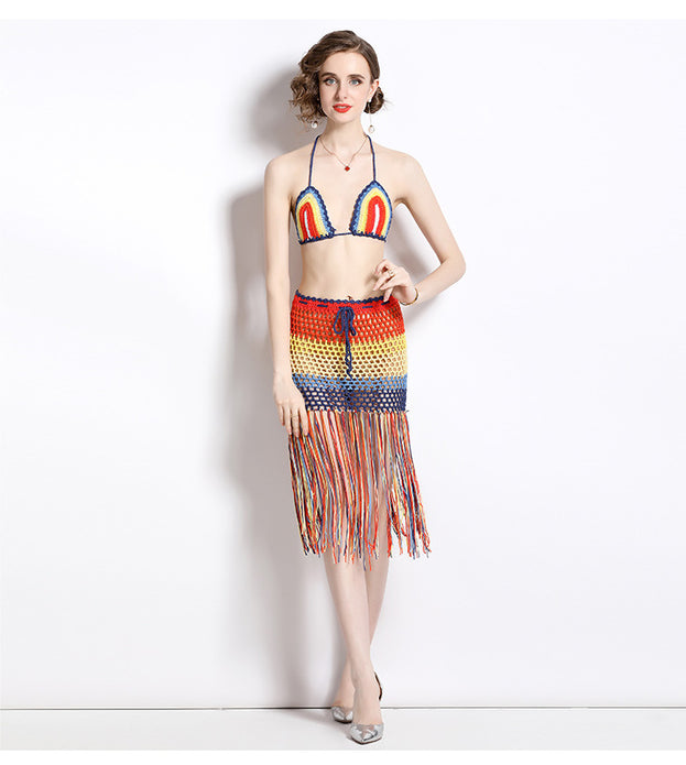 Hollowed Out beach Holiday Style Fashion Hanging Neck Wipe Chest Suspender and High Waist Tassel Sexy Bag Buttock Skirt Suit