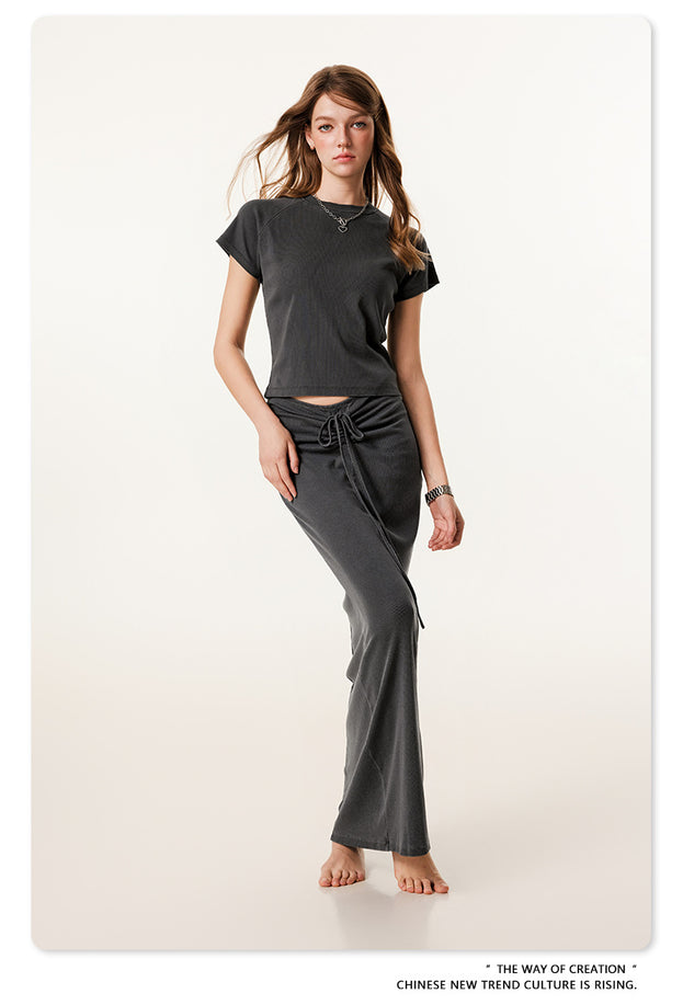 Summer Retro Round-neck Short-sleeved Crop Navel Maillard Color TOP