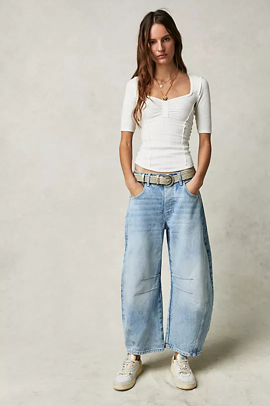 Spring Fashion Versatile Low-Waisted Loose Straight Denim Pant for Women