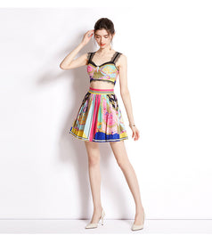 Spring/Summer Resort Print Pleated Skirt and Lace Patchwork Top Suit